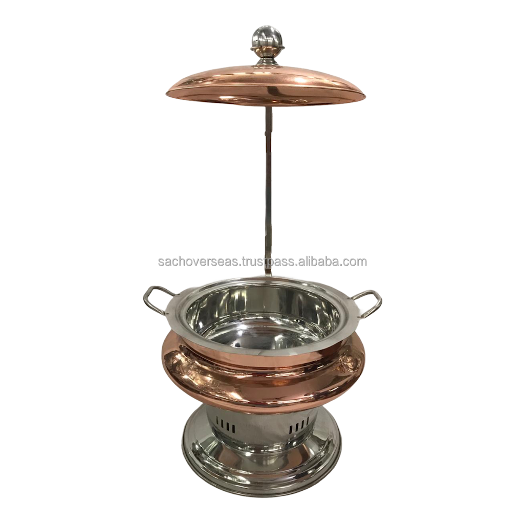 100% Pure Copper and Steel Chafing Dish Food Warmer Set with Black Iron Stand Lid Holder For Buffet Serving in Hotels