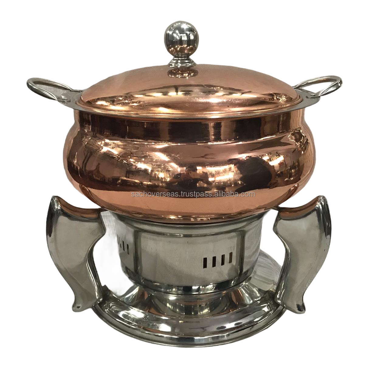 100% Pure Copper and Steel Chafing Dish Food Warmer Set with Black Iron Stand Lid Holder For Buffet Serving in Hotels