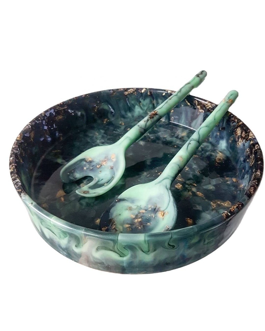 Handmade resin salad server set spiner salad tool with marble texture and aqua swirl pattern used in home hotel and restaurant