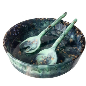 Handmade resin salad server set spiner salad tool with marble texture and aqua swirl pattern used in home hotel and restaurant