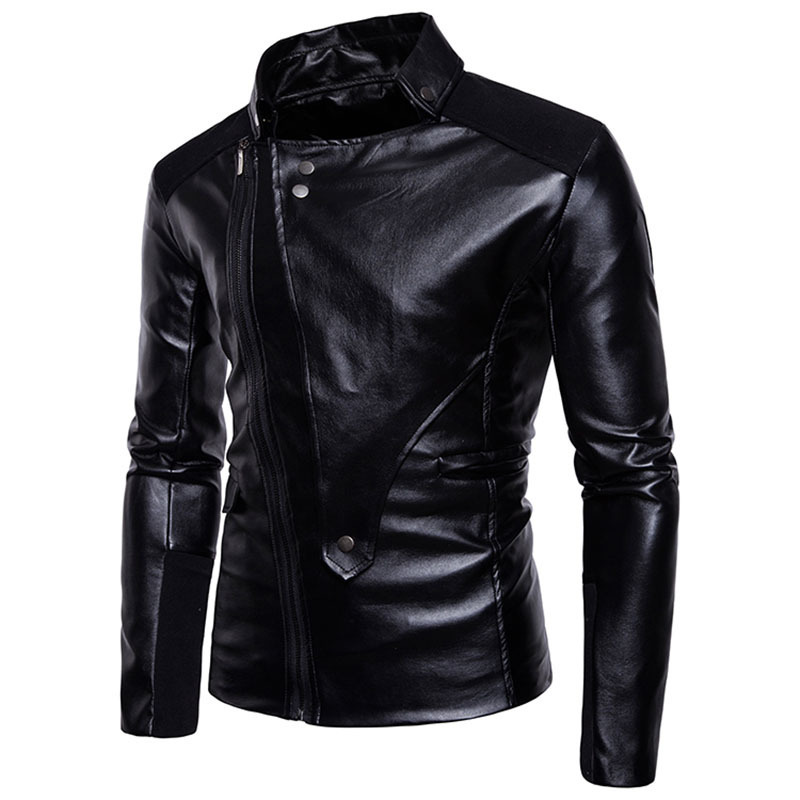 Men's Leather Jacket Slim Fit Lapel Asymmetric PU Motorcycle Windproof Red Color Oblique Zipper Faux Leather Jackets