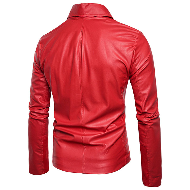 Men's Leather Jacket Slim Fit Lapel Asymmetric PU Motorcycle Windproof Red Color Oblique Zipper Faux Leather Jackets