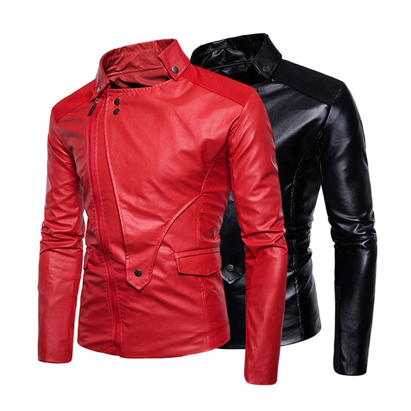 Men's Leather Jacket Slim Fit Lapel Asymmetric PU Motorcycle Windproof Red Color Oblique Zipper Faux Leather Jackets