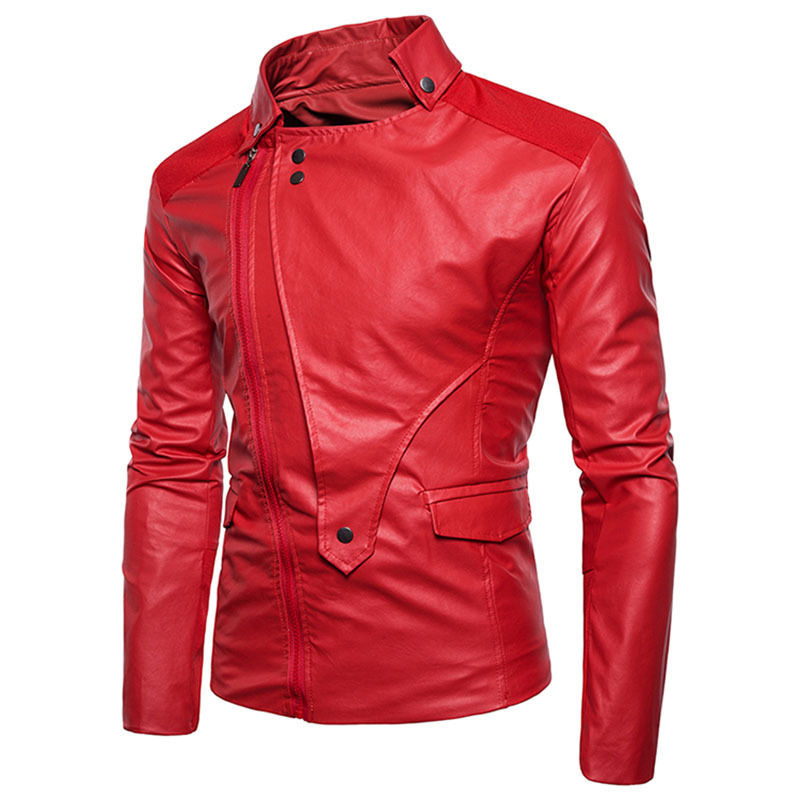 Men's Leather Jacket Slim Fit Lapel Asymmetric PU Motorcycle Windproof Red Color Oblique Zipper Faux Leather Jackets