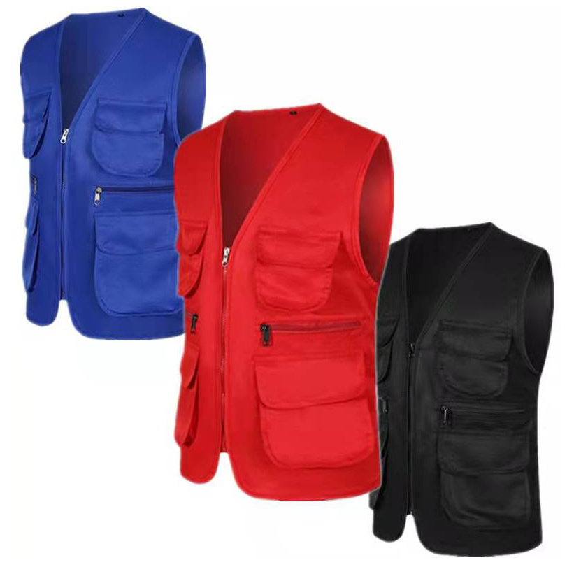 Casual Multi Pockets V Neck Cargo Poly Cotton Work Volunteer safety Vest with Multi Pockets fishing