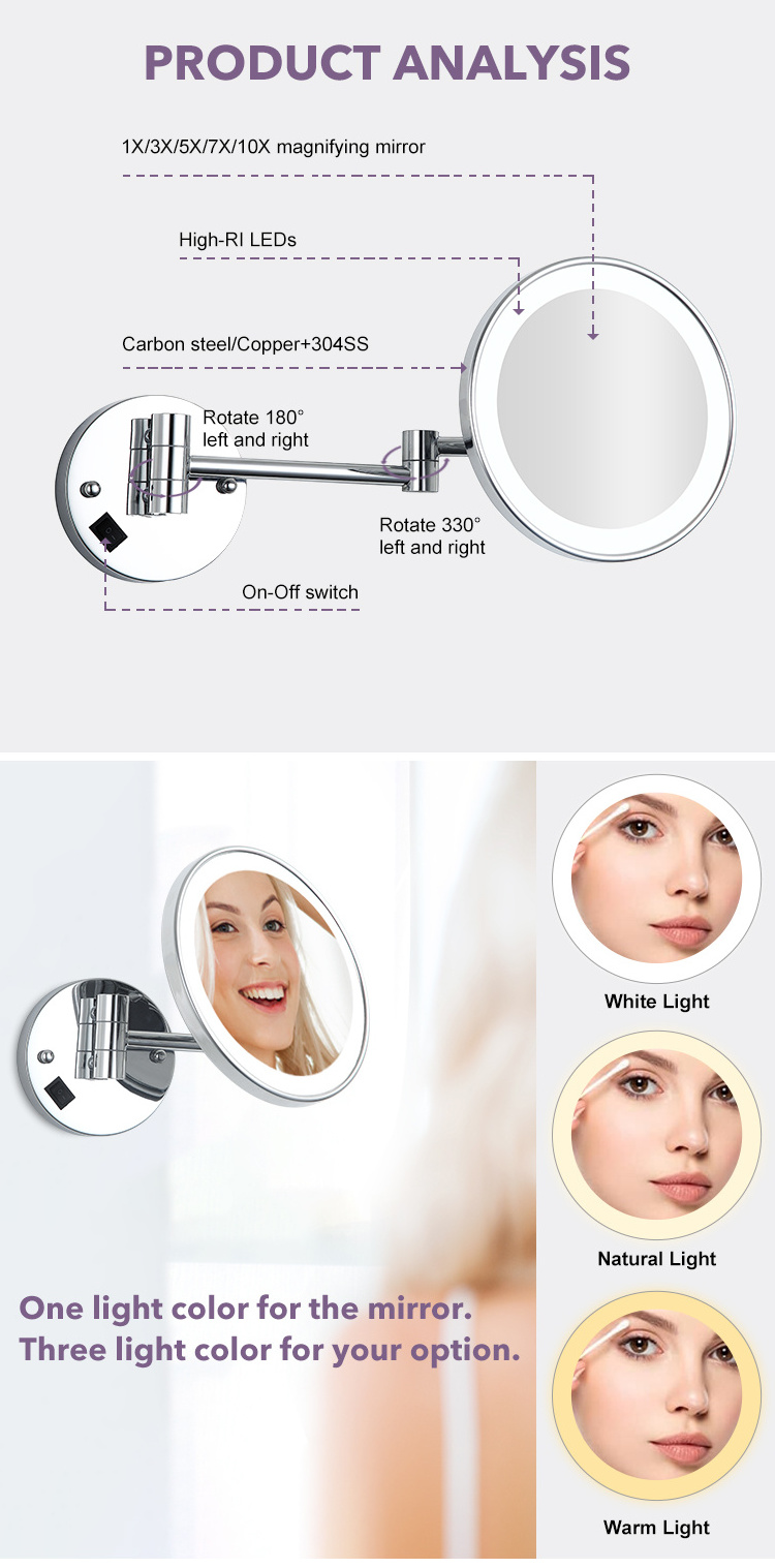 Scandinavian Style Metal Bathroom Mirror With Lights Round Wall Mounted Mirror Led single Size Makeup Mirror