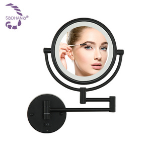 Factory Best Led Light Magnifying Mirror Wall Hanging Folding Bathroom Towing Shower Matte Black Makeup Mirrors For Hotel