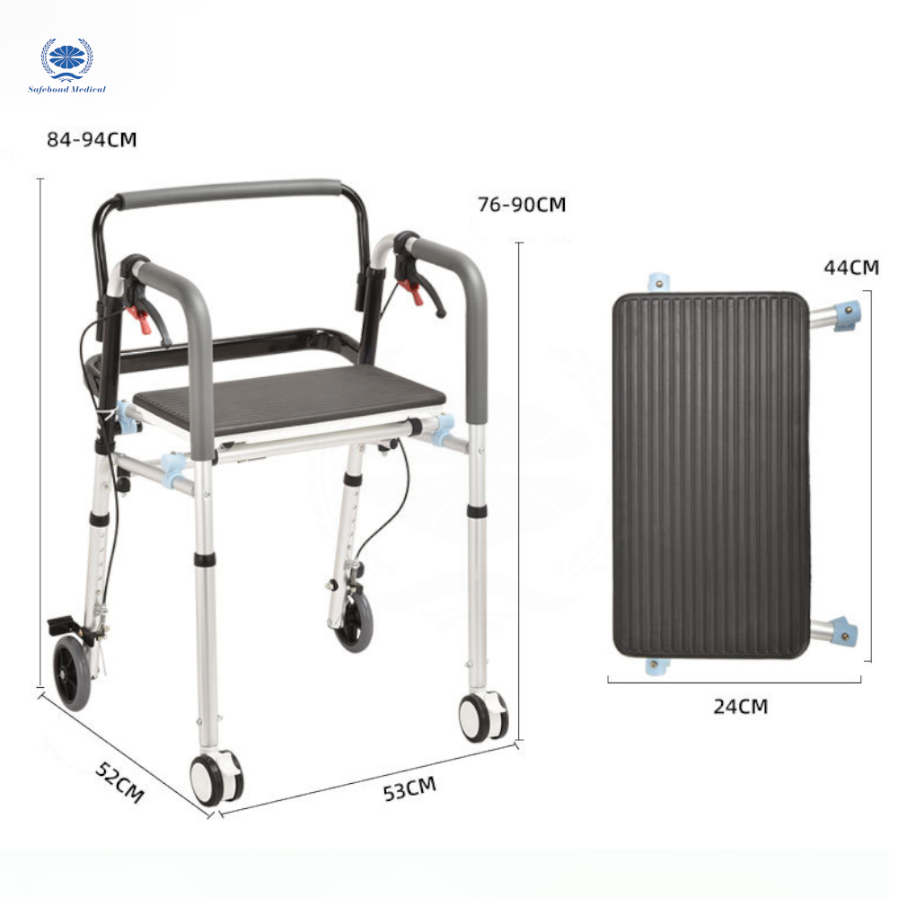 Rehabilitation equipment 4-wheel walker aluminum adult upright walking with seat folding walker