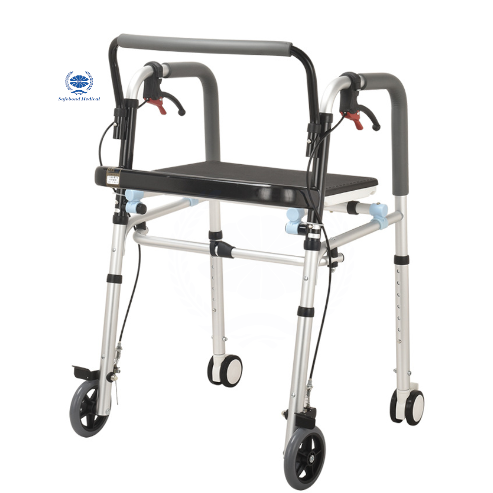 Rehabilitation equipment 4-wheel walker aluminum adult upright walking with seat folding walker