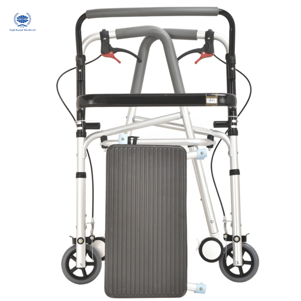 Rehabilitation equipment 4-wheel walker aluminum adult upright walking with seat folding walker