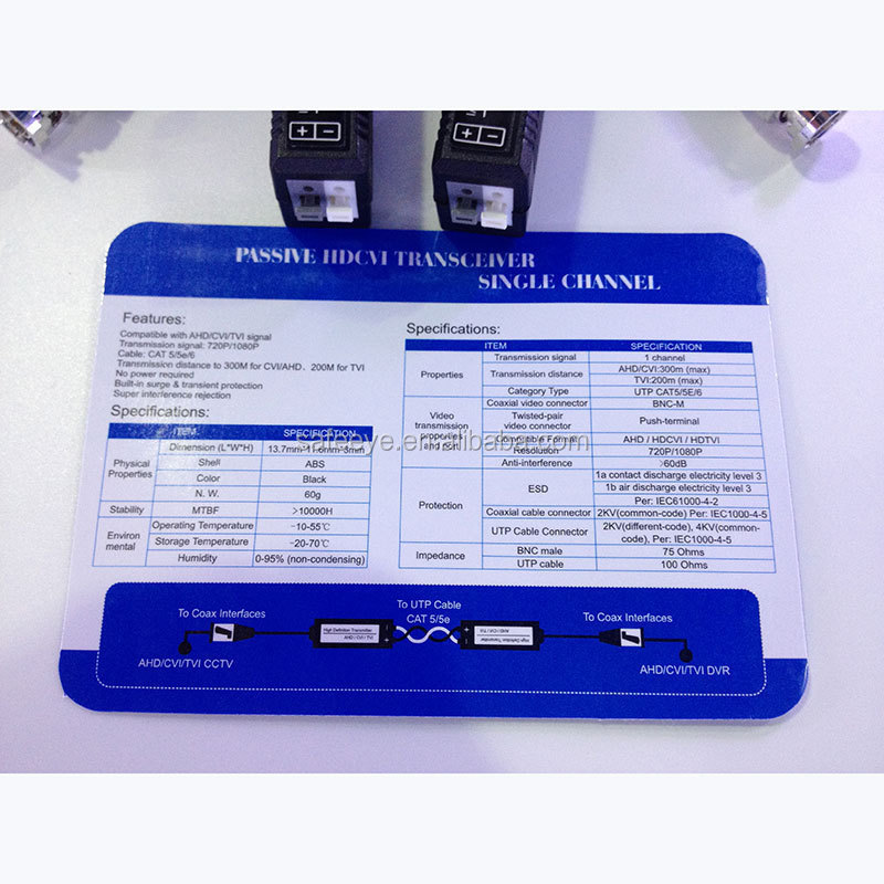 Press-in single channel passive HDCVI Camera balun Transceiver for Analog camera AHD TVI