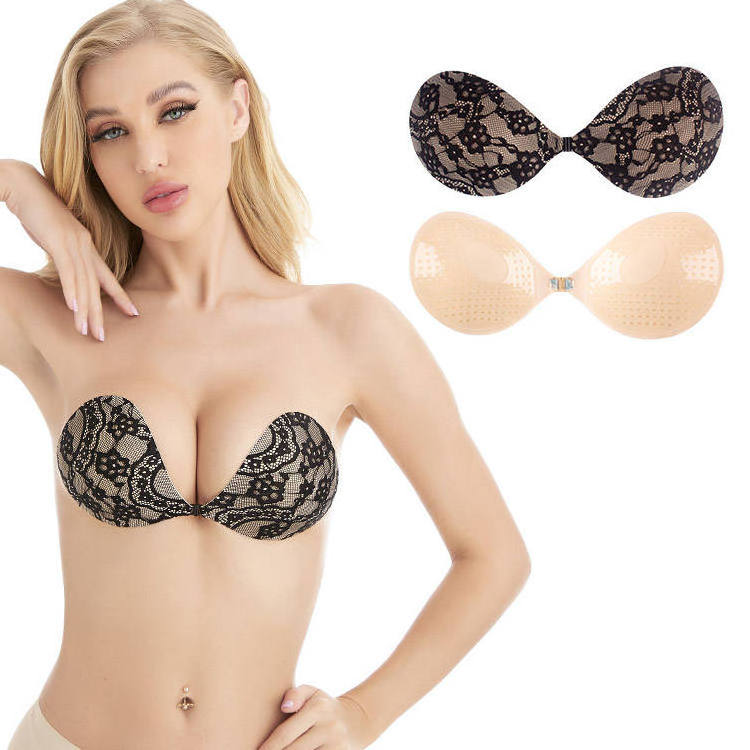 Women Sexy Lace Embroidery Push Up Silicone Seamless Invisible Bra Lift Great Support Lace Strapless Reusable waterproof Bra