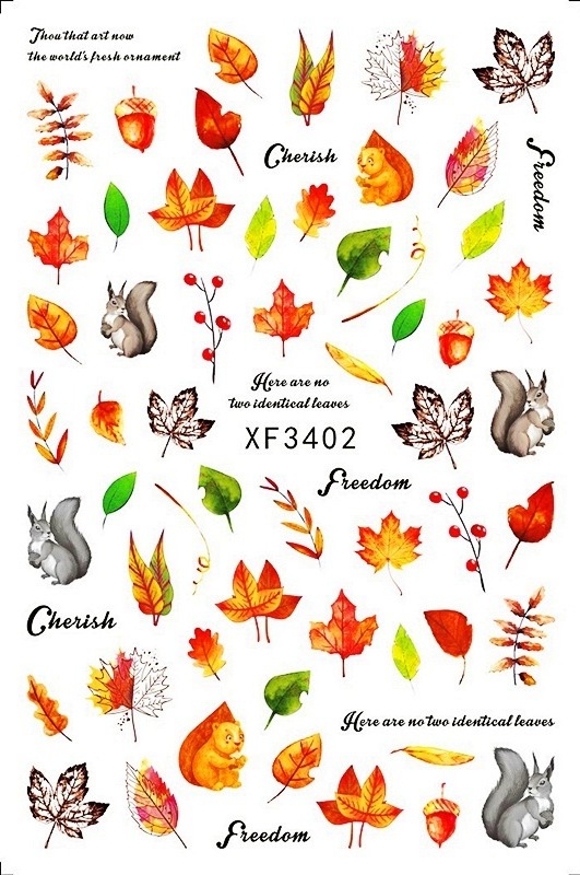 NS861 Thanksgiving Series Nail Stickers Fall Maple Leaf Series Squirrel Sycamore Leaf Sticker Decals For Nail Art Decoration