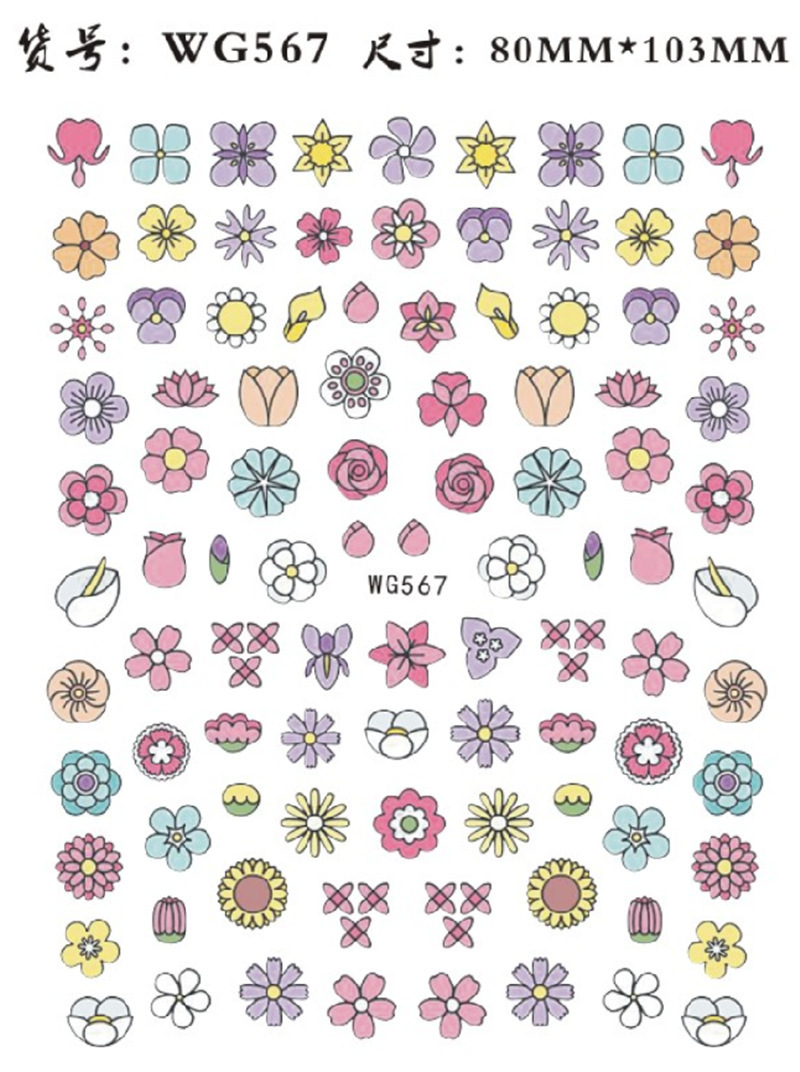 NS378 Colorful Flower Nail Stickers Lavender Daisy Sunflower Simple Line Leaf Sticker Decals For Nail Art Decoration