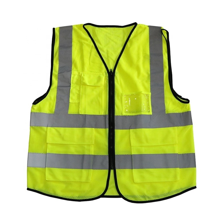 Yellow custom logo CE EN 471 class 2  mesh fabric multiple pockets high visibility traffic reflective safety vest