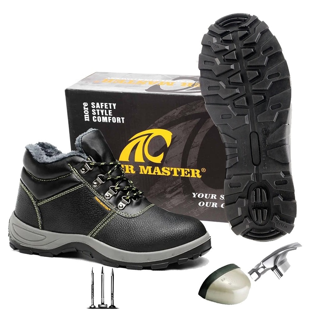 Black leather oil water resistant non slip pu sole puncture proof steel toe safety winter work boots