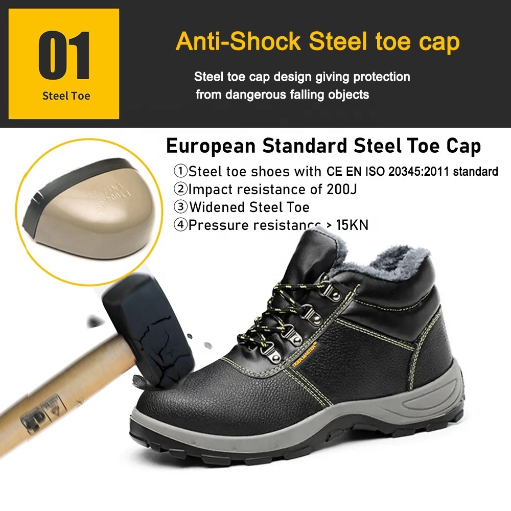 Black leather oil water resistant non slip pu sole puncture proof steel toe safety winter work boots