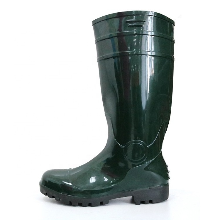 Knee high oil acid alkali resistant 100% water proof green steel toe cap anti puncture pvc glitter safety rain boots