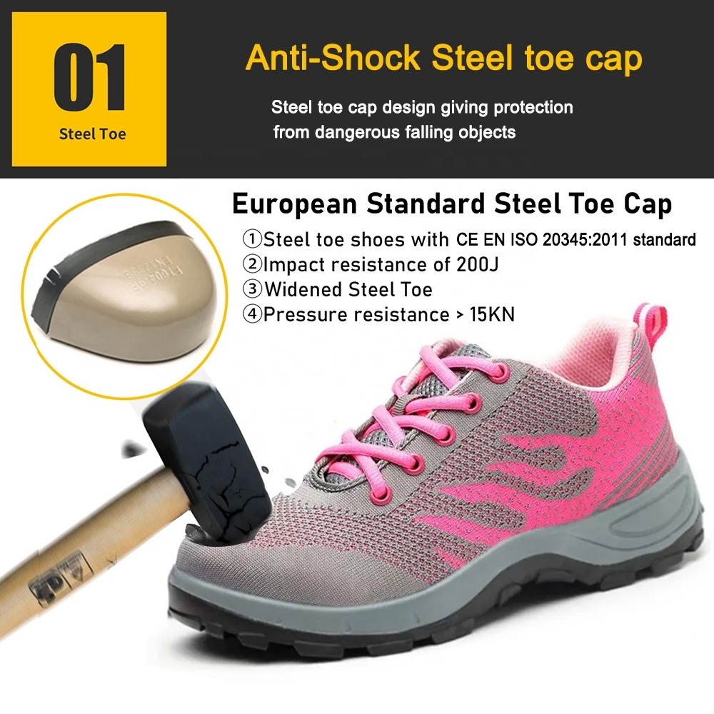 Low ankle oil slip resistance pu outsole puncture-proof breathable pink women safety sport shoes steel toe cap