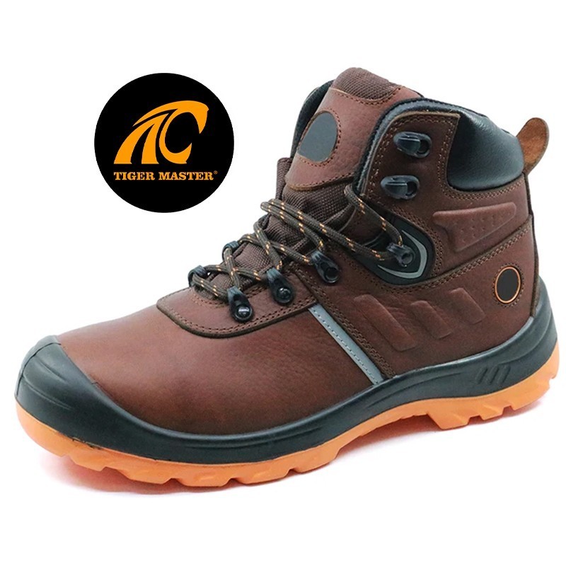 Brown non-slip oil resistant prevent puncture protective safety boots mining leather men safety shoes steel toe cap