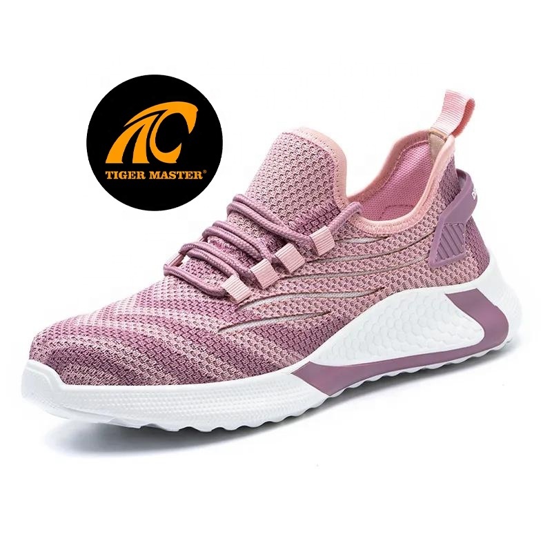 Anti slip soft EVA sole light weight air breathable puncture proof sports pink safety shoes for women steel toe