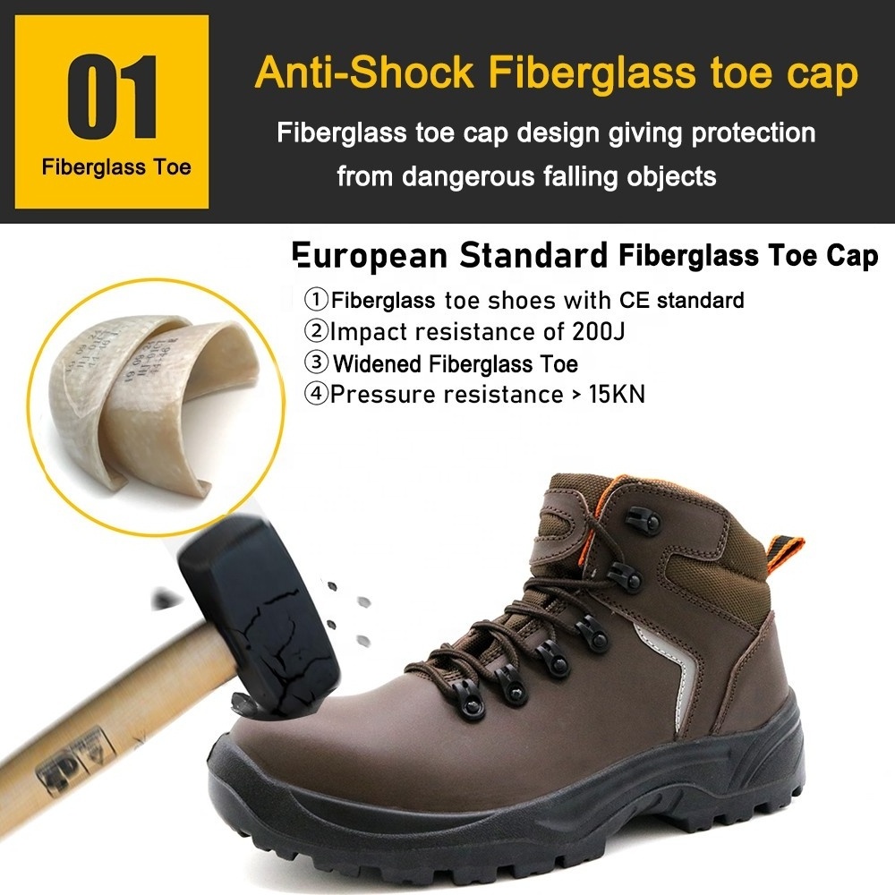 Fiberglass toe cap puncture proof dark brown leather upper oil slip resistant labour industrial safety boots for men