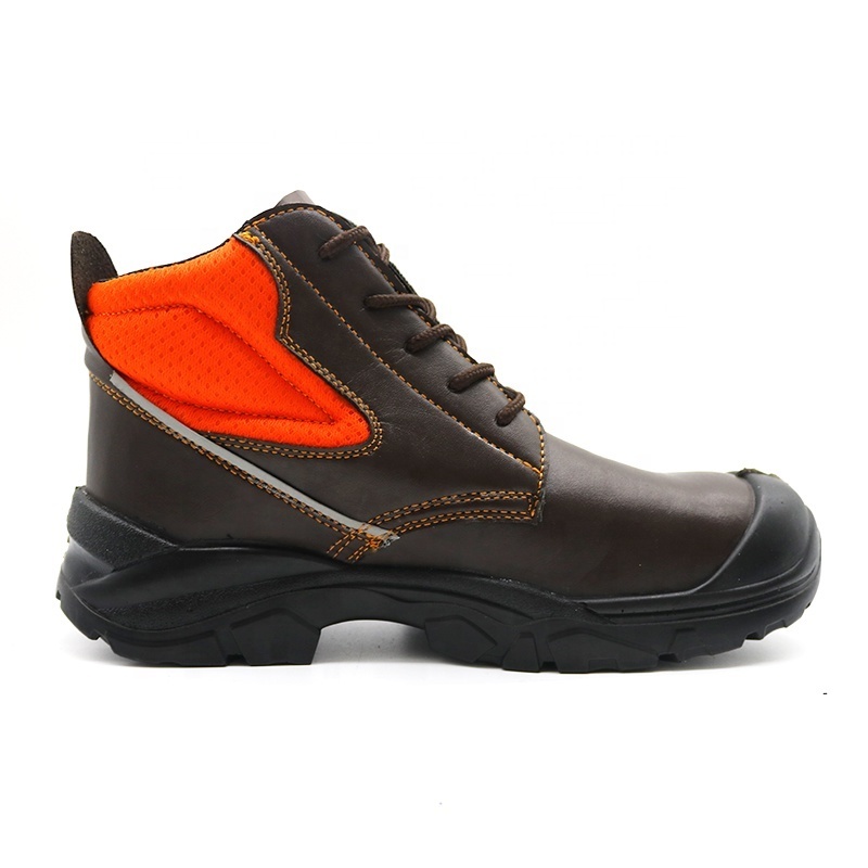 Brown microfiber leather anti-slip PU sole puncture proof steel toe safety shoes work boots for men