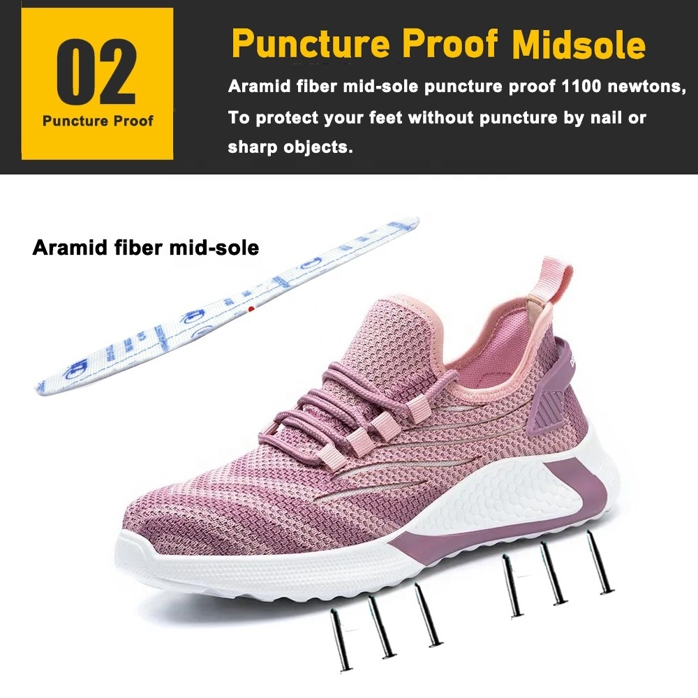 Anti slip soft EVA sole light weight air breathable puncture proof sports pink safety shoes for women steel toe