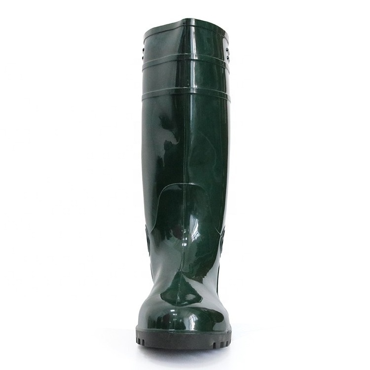 Knee high oil acid alkali resistant 100% water proof green steel toe cap anti puncture pvc glitter safety rain boots