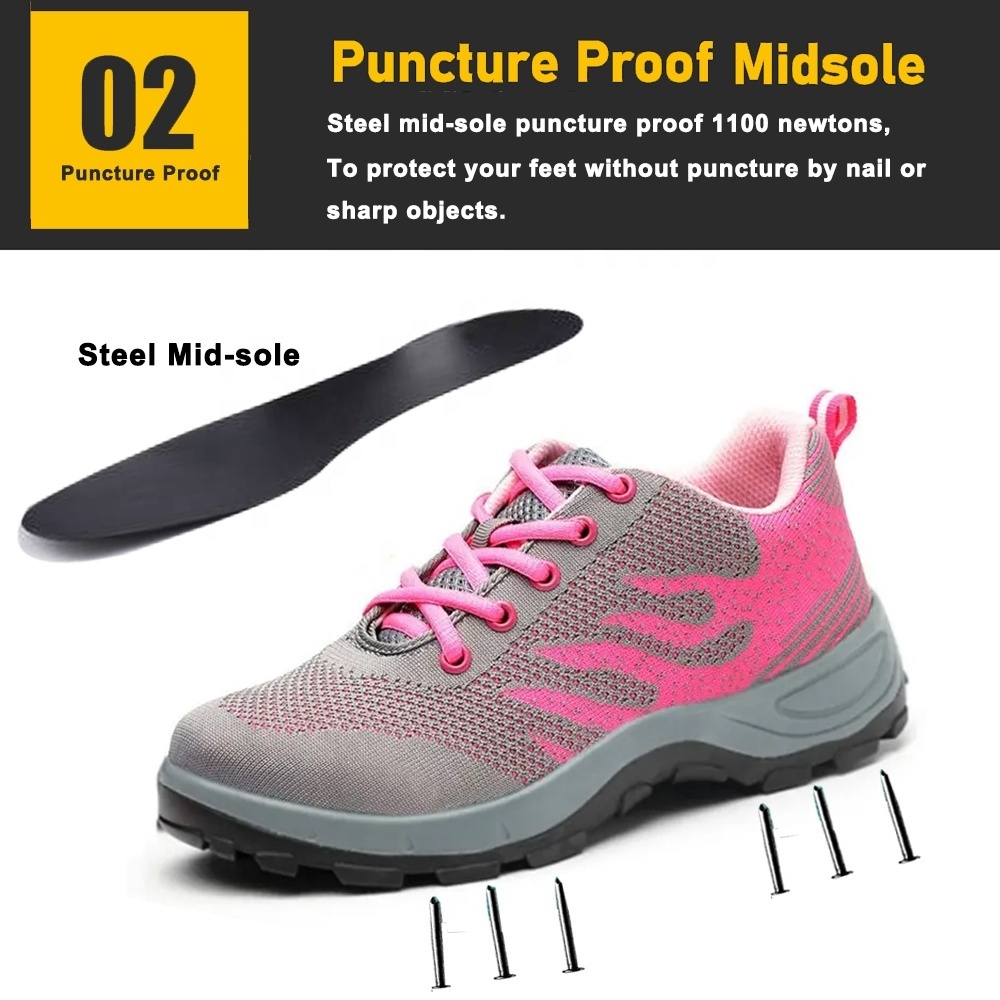 Low cut oil slip resistant fashionable sport safety shoes steel toe prevent puncture pink woman safety boots