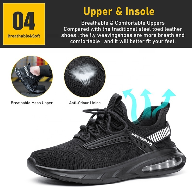 black anti slip shock absorber pu sole steel toe puncture proof sports safety shoes for men light weight