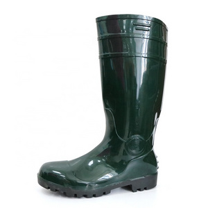 Knee high oil acid alkali resistant 100% water proof green steel toe cap anti puncture pvc glitter safety rain boots