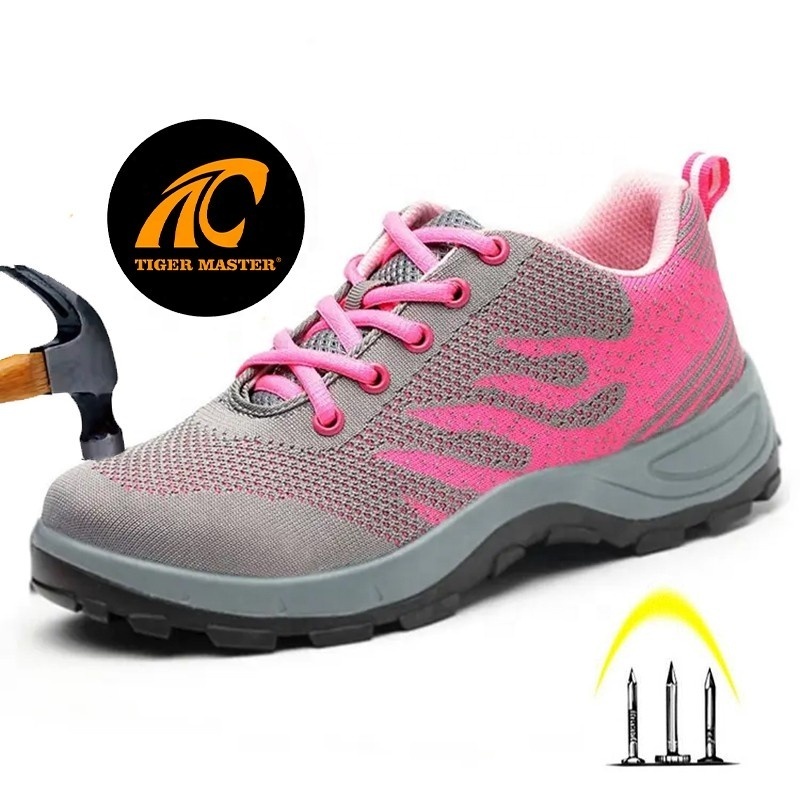 Low ankle oil slip resistance pu outsole puncture-proof breathable pink women safety sport shoes steel toe cap