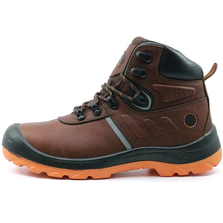 Brown non-slip oil resistant prevent puncture protective safety boots mining leather men safety shoes steel toe cap