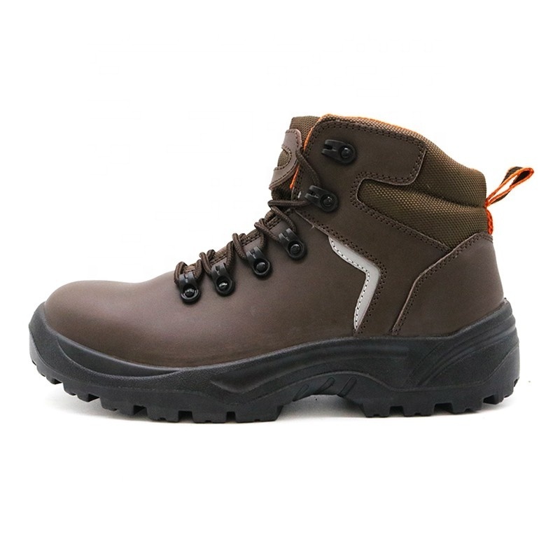 Fiberglass toe cap puncture proof dark brown leather upper oil slip resistant labour industrial safety boots for men