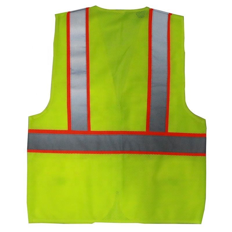 Green polyester back mesh fabric high visibility reflective multiple pockets reflective safety vest with zipper