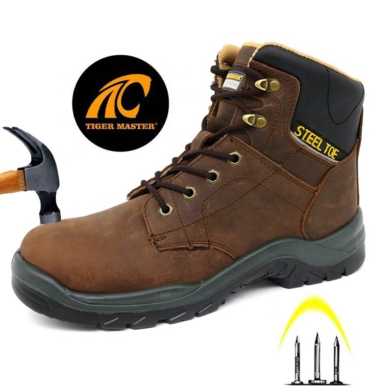 Tiger master crazy horse leather oil slip resistant steel toe puncture proof men industrial safety shoes work boots