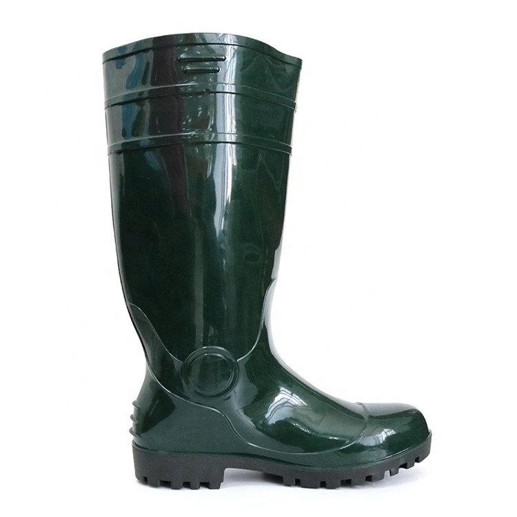 Knee high oil acid alkali resistant 100% water proof green steel toe cap anti puncture pvc glitter safety rain boots