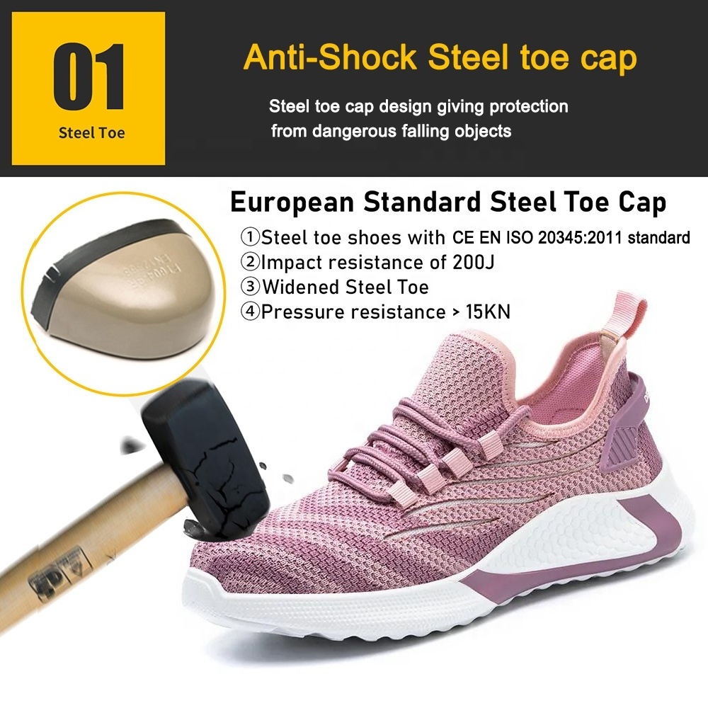 Anti slip soft EVA sole light weight air breathable puncture proof sports pink safety shoes for women steel toe