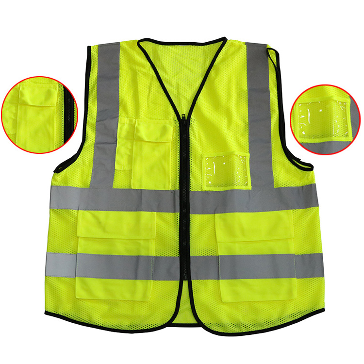 Yellow custom logo CE EN 471 class 2  mesh fabric multiple pockets high visibility traffic reflective safety vest