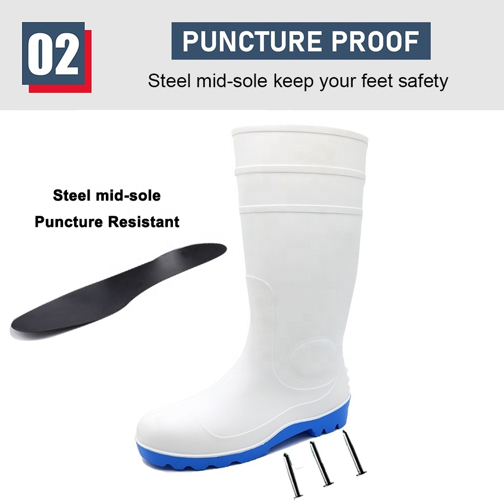 White food industry waterproof anti slip chemical resistant CE steel toe puncture proof custom print PVC safety rain boots