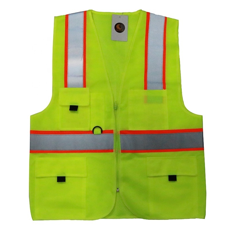 Green polyester back mesh fabric high visibility reflective multiple pockets reflective safety vest with zipper