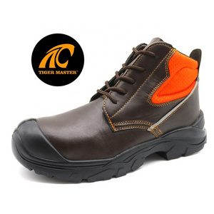 Brown microfiber leather anti-slip PU sole puncture proof steel toe safety shoes work boots for men