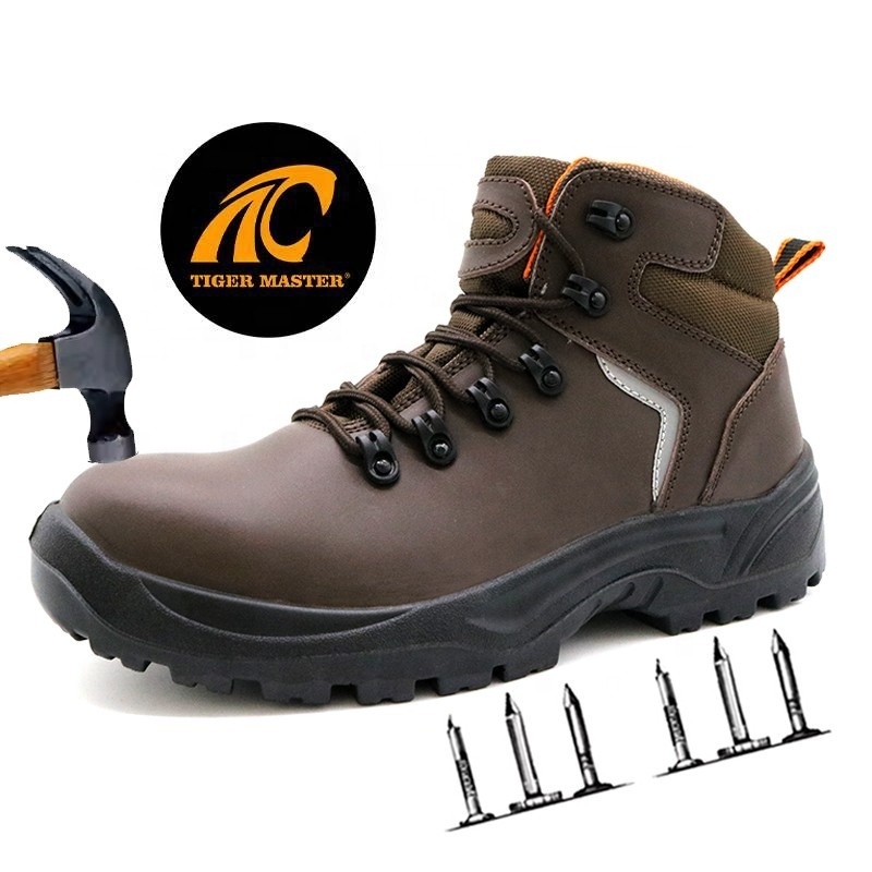 Fiberglass toe cap puncture proof dark brown leather upper oil slip resistant labour industrial safety boots for men