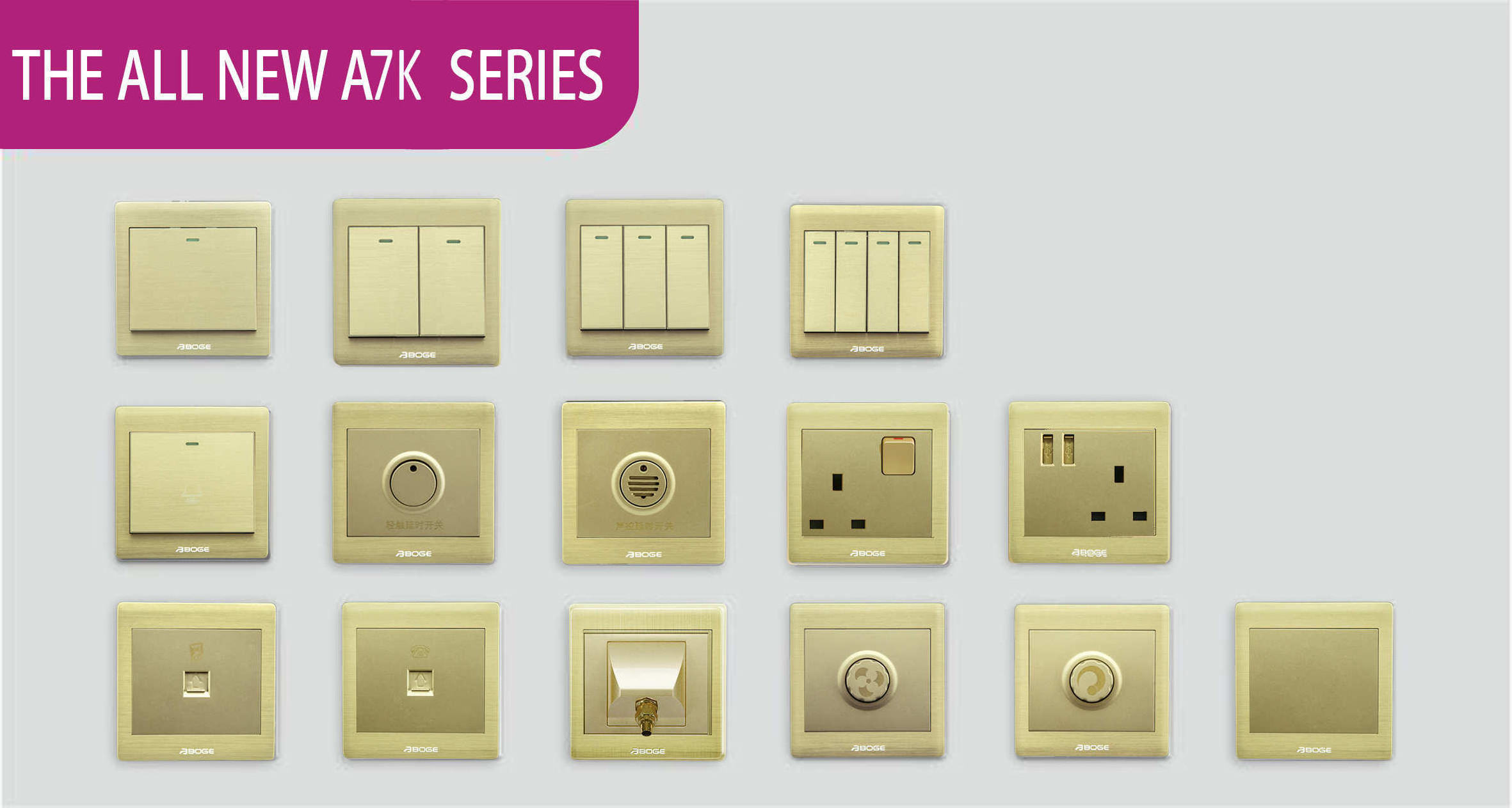 BOGE Aluminum Gold color AC250V 16A modern wall light switch