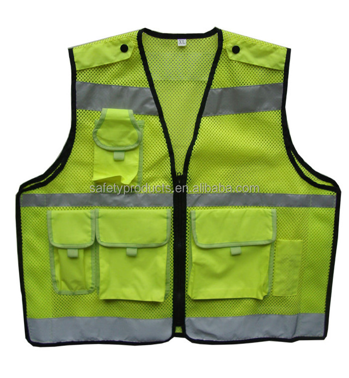 Korea design yellow/black mesh polyester high visibility safety vest with pockets