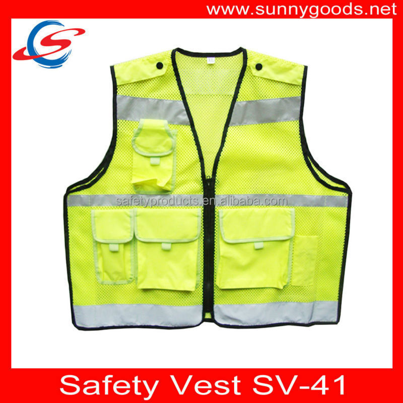 Korea design yellow/black mesh polyester high visibility safety vest with pockets