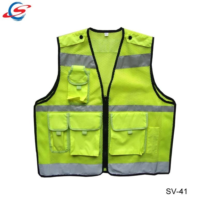 Korea design yellow/black mesh polyester high visibility safety vest with pockets