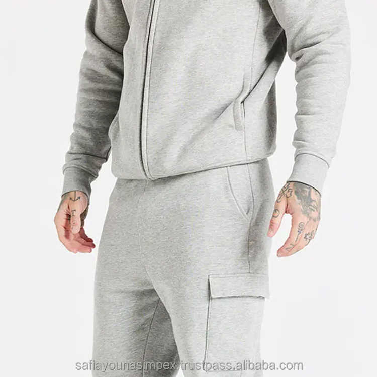 Unique style Custom logo Tracksuit blank grey track suit unisex two piece set cargo fleece jogger cotton hoodies Sweatsuit