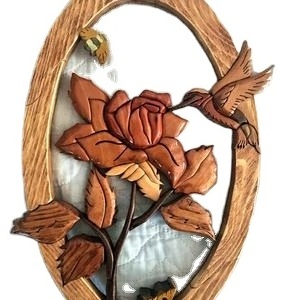 INTARSIA WOOD ART WALL HANGING: HUMMINGBIRD AND THE ROSE